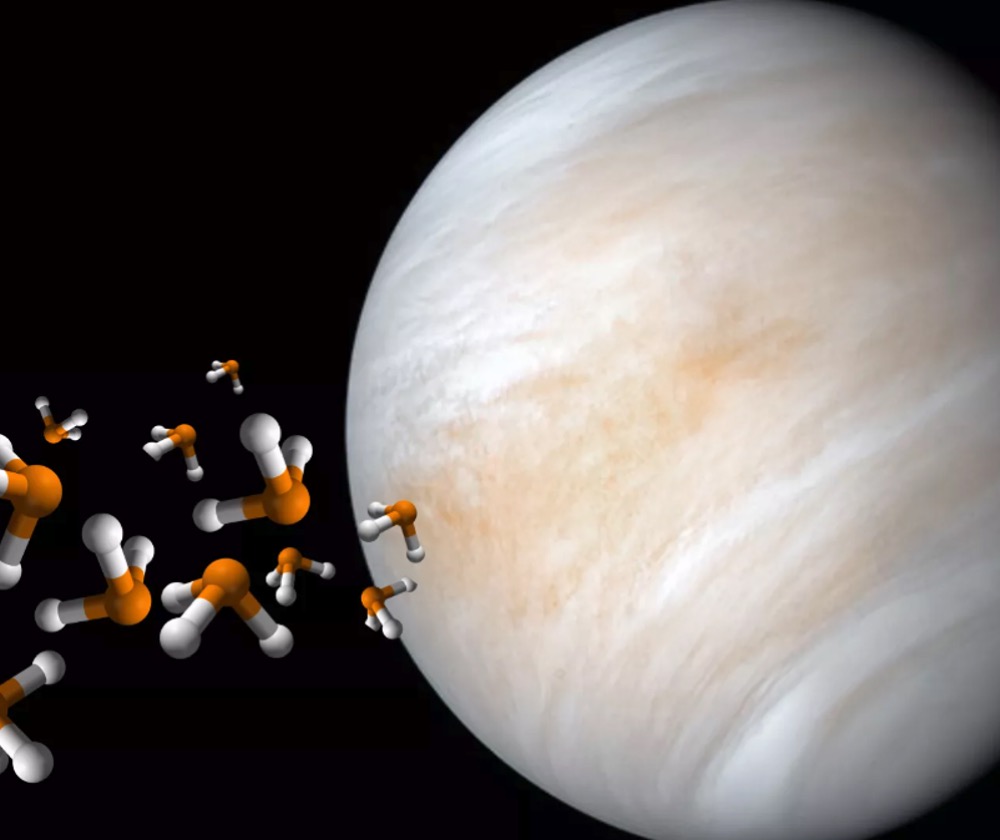 Artist's illustration of phosphine molecules floating in space near Venus