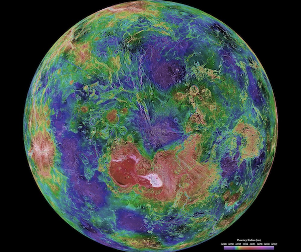 Topographic radar map of Venus, the world next-inward from Earth. Ishtar Terra, the 2nd-largest Venus ‘continent,’ is the large reddish-colored plateau below the image’s center