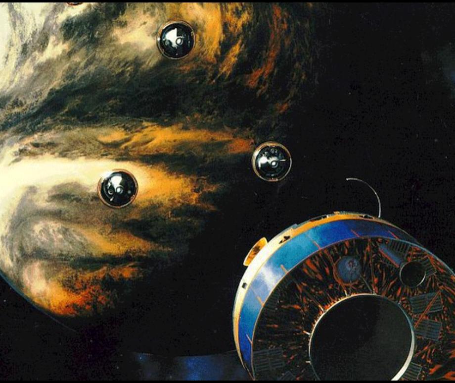 Depiction of the Pioneer probes descending to Venus' atmosphere.