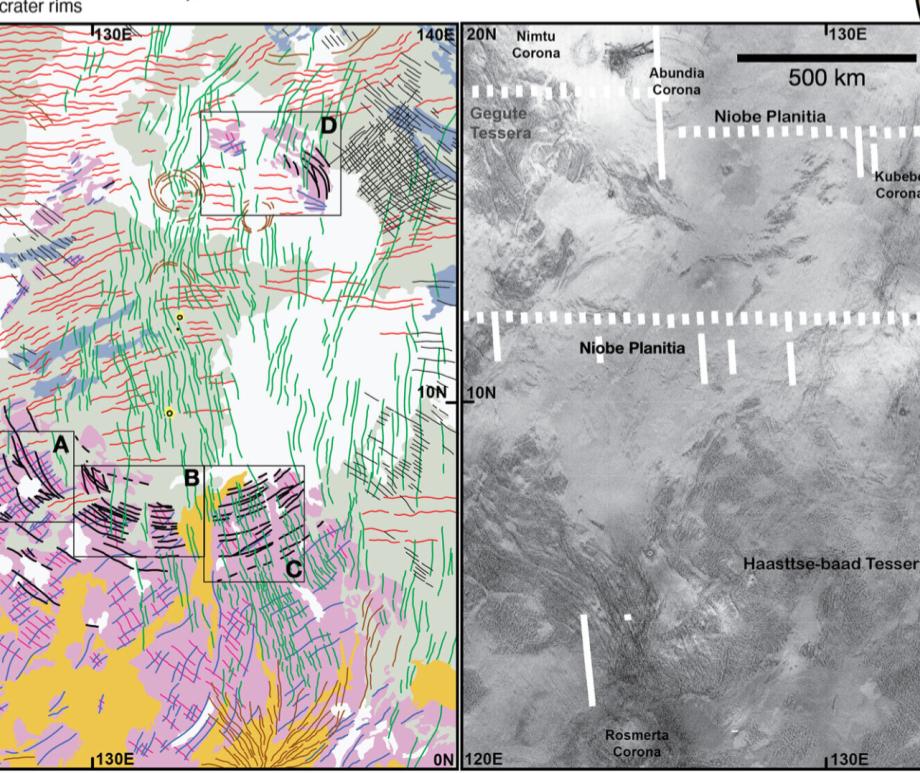 Geologic map (modified after López & Hansen, 2020) and inverted Magellan synthetic aperture radar of the study area