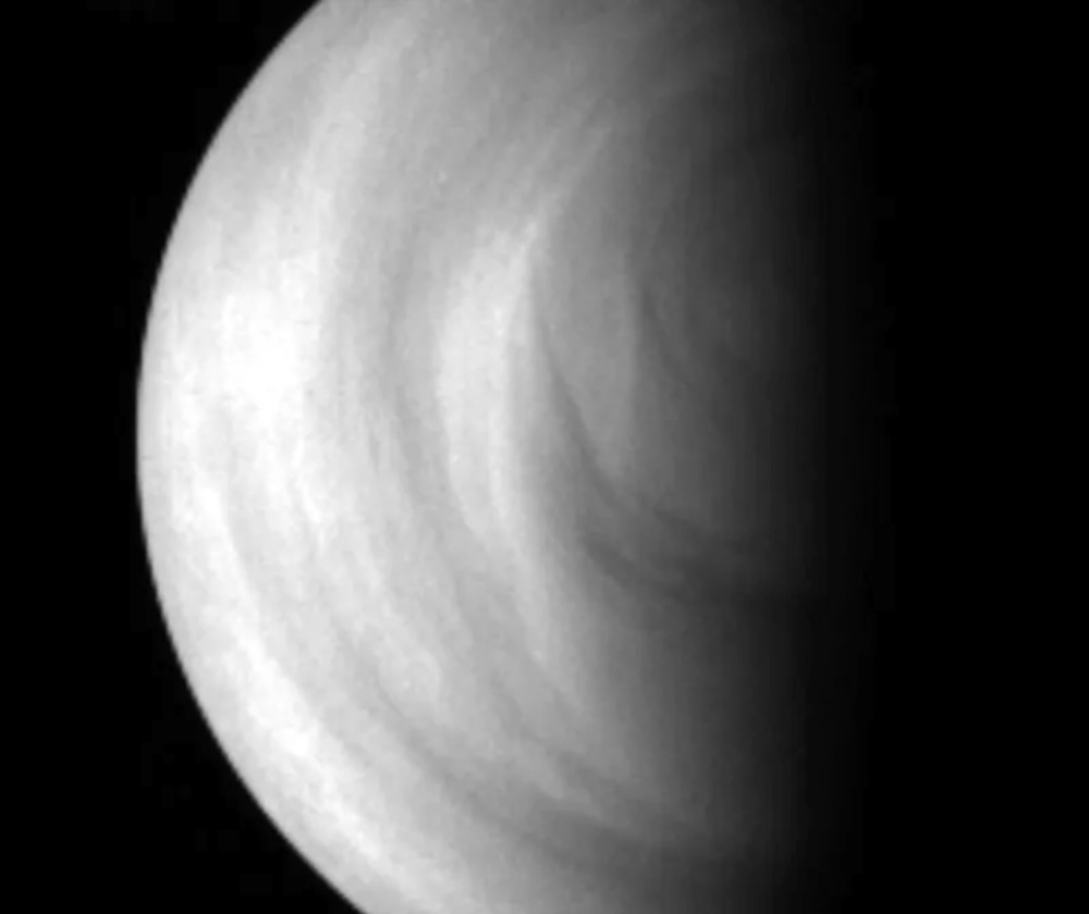 This image of the Venus southern hemisphere illustrates the terminator – the transitional region between the dayside (left) and nightside of the planet